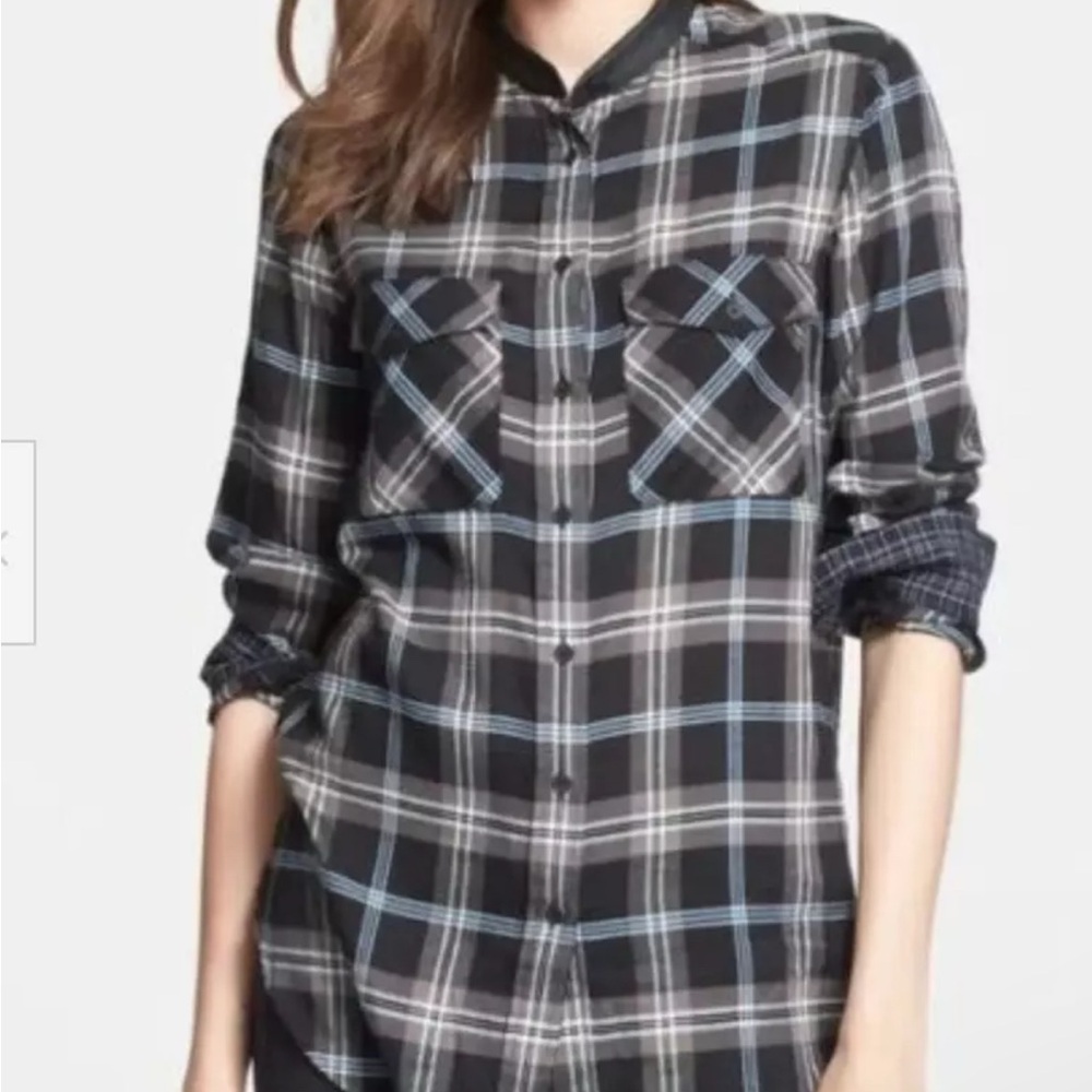 VINCE Black Blue Plaid Blouse w Lamb Leather Trim Collar Button Up Sz 10